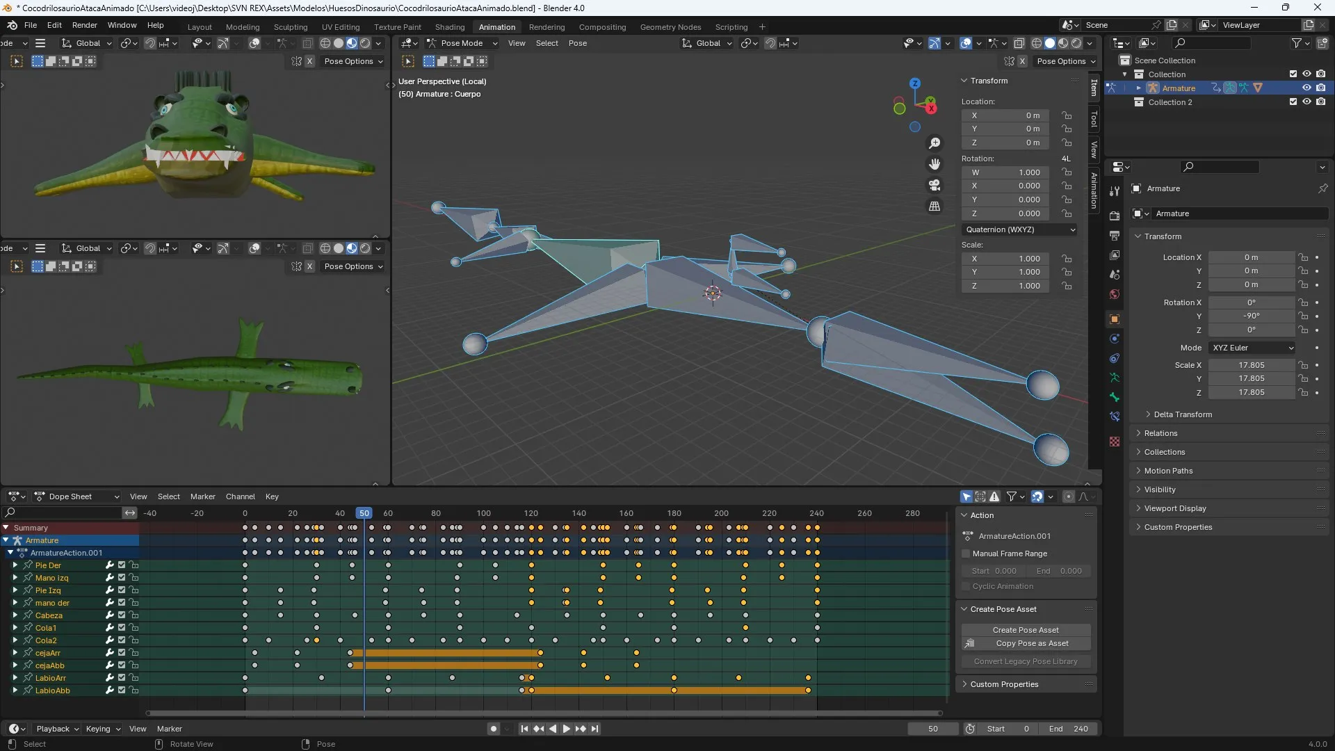 Crocodile animation: full facial rig with keyframes on head, jaw, brows, and tail