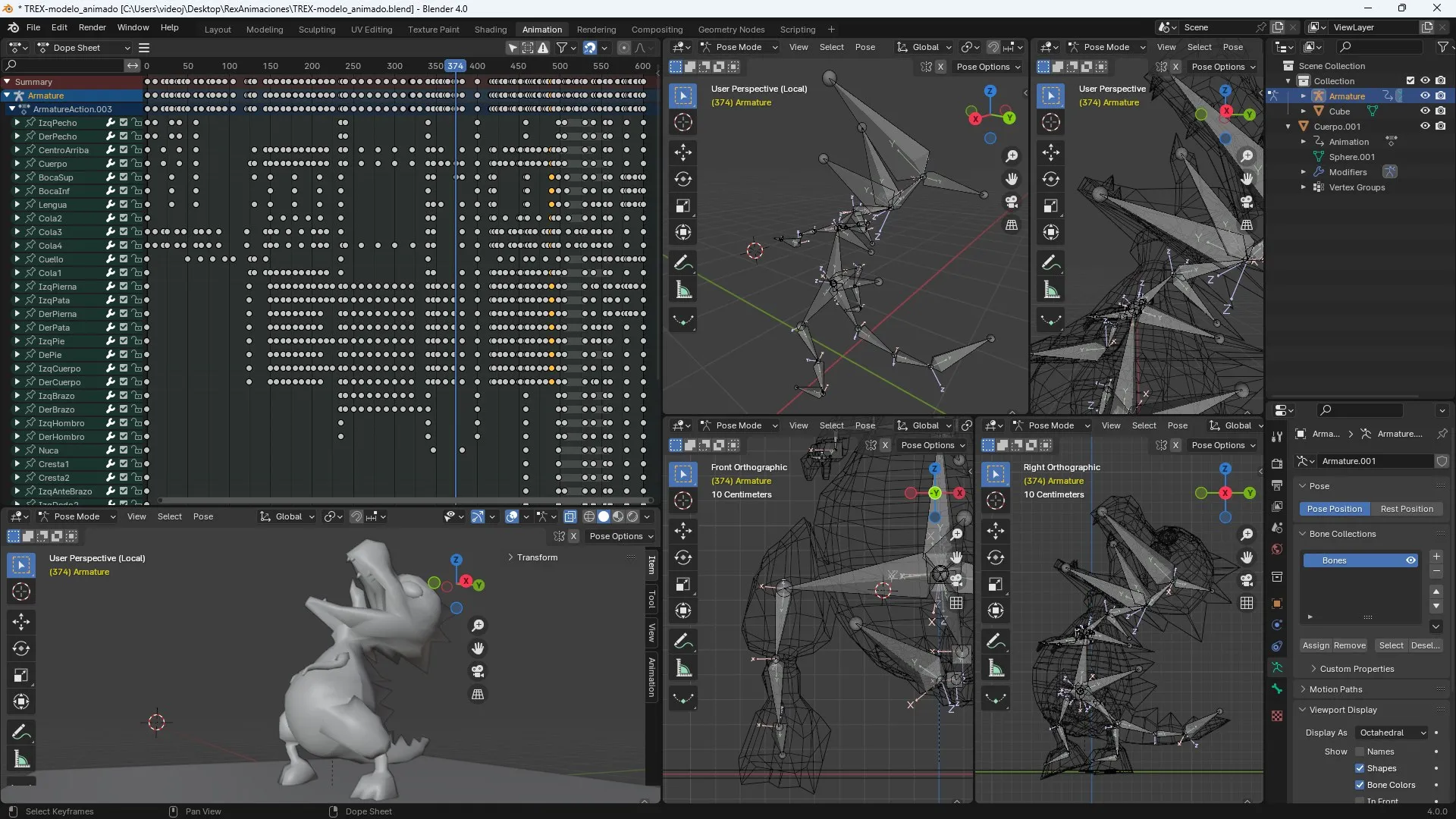 Rexy animation: 25-bone armature with manual keyframes in Blender