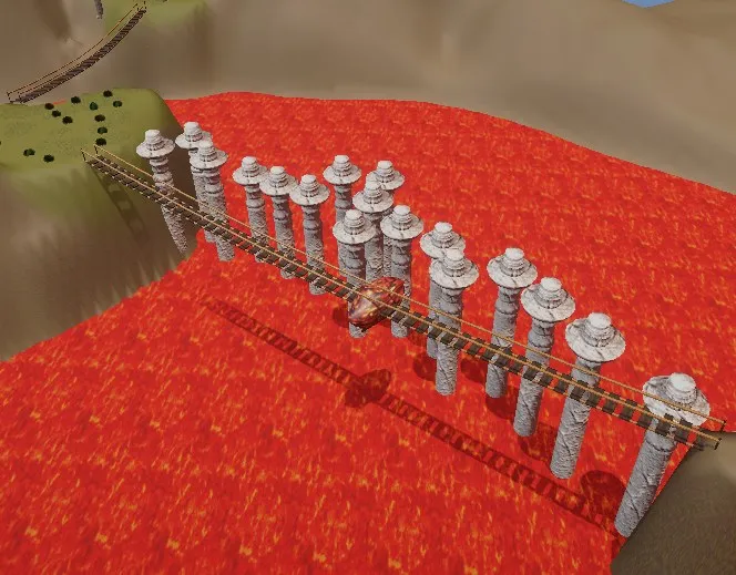 Zone 3: pillars over lava. Obstacle path with dramatic scale