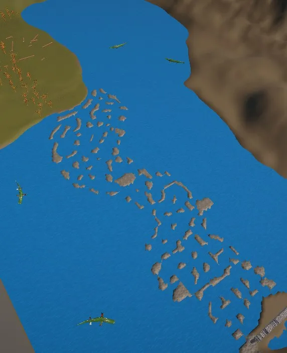 Zone 1: stones over water. Top-down view with patrolling crocodiles